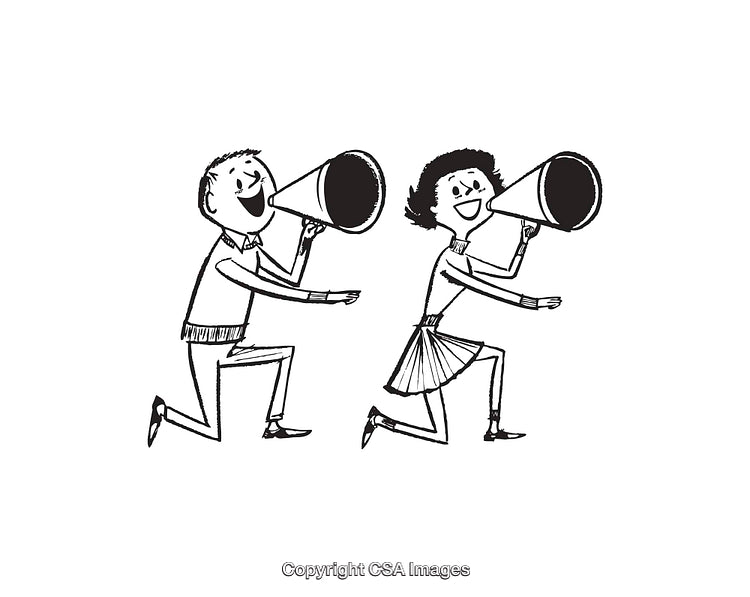 Black and White Line Art of Two Cheerful People with Megaphones