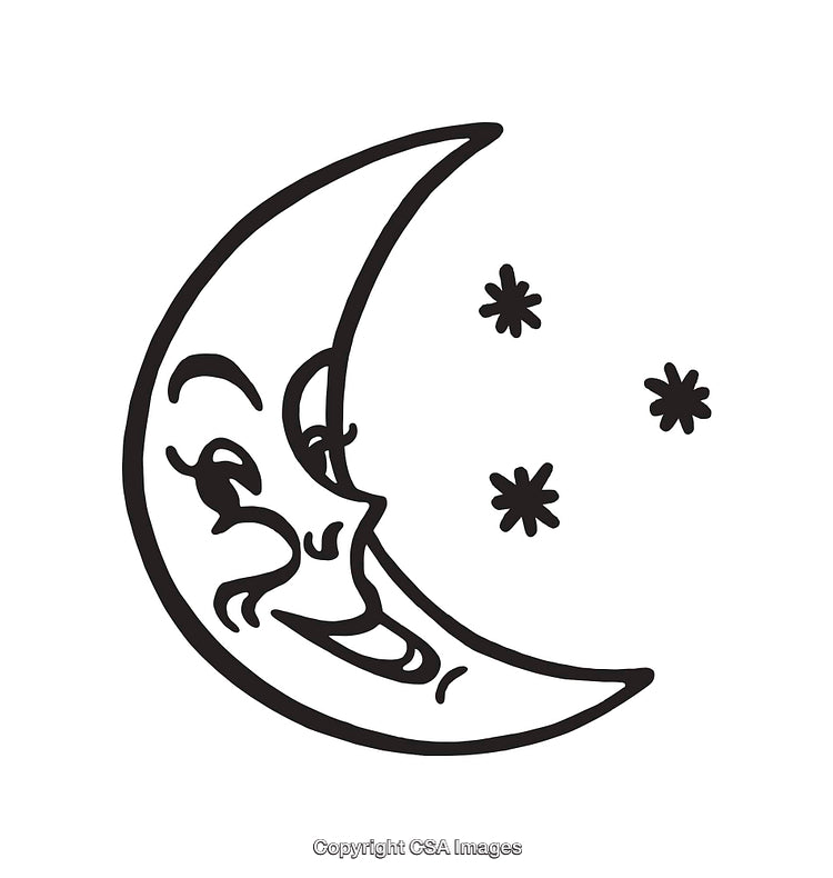 Smiling Moon Line Art With Stars In Black and White Illustration