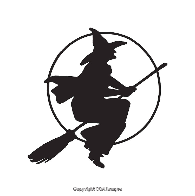 Black And White Witch Silhouette Flying on a Broomstick Illustration