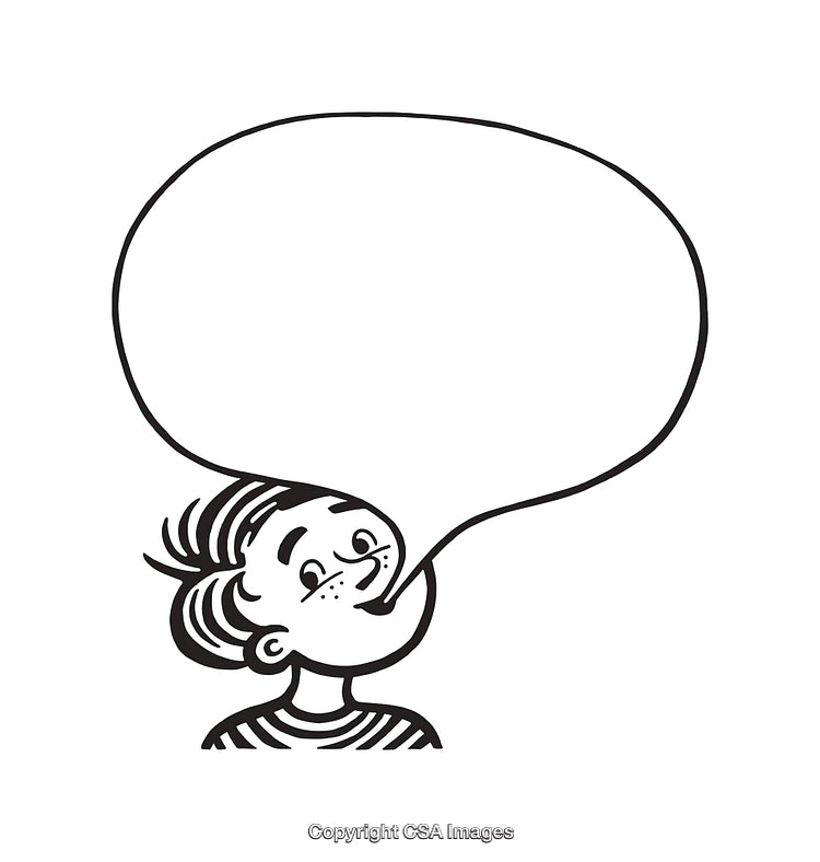 Black and White Cartoon Illustration of Child With Empty Speech Bubble