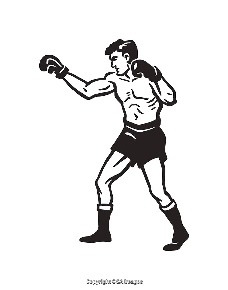Black and White Line Art Boxer in Throwing Punch Stance