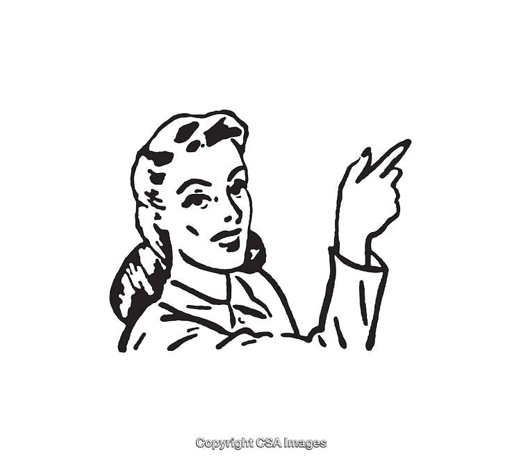Retro Line Art Woman Gesturing with Hand in Black and White Design