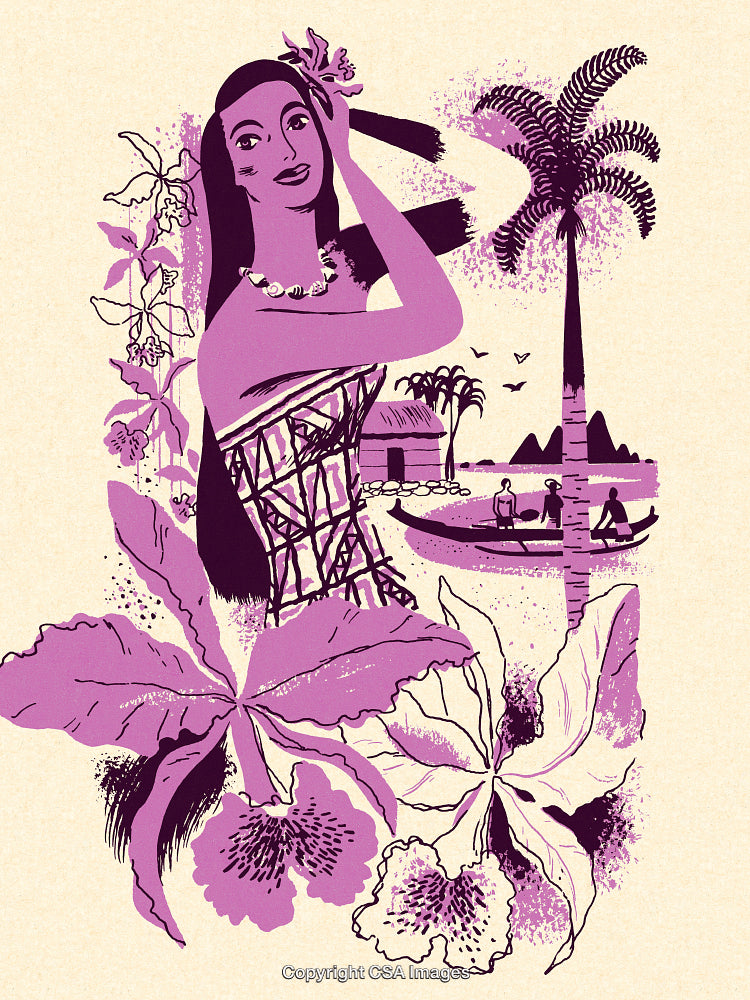 Beautiful Tropical Artwork Featuring Woman, Flowers, Palm Trees, and Seaside Scenery