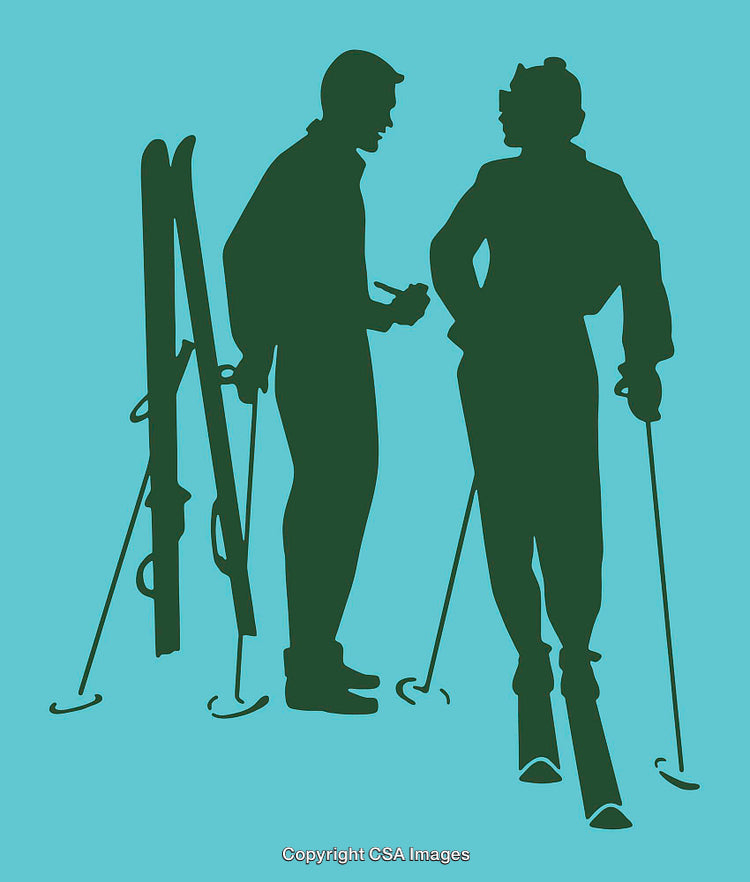 Silhouetted Skiers Conversing Against a Blue Background in Winter Activity Setting