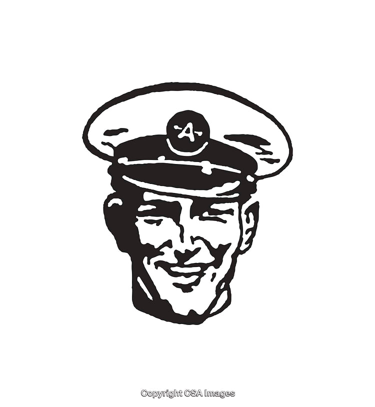 Black and White Illustration of a Smiling Uniformed Man's Face