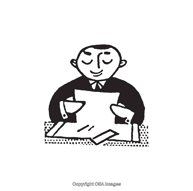 Line Art Illustration of a Businessman Reviewing Documents at His Desk