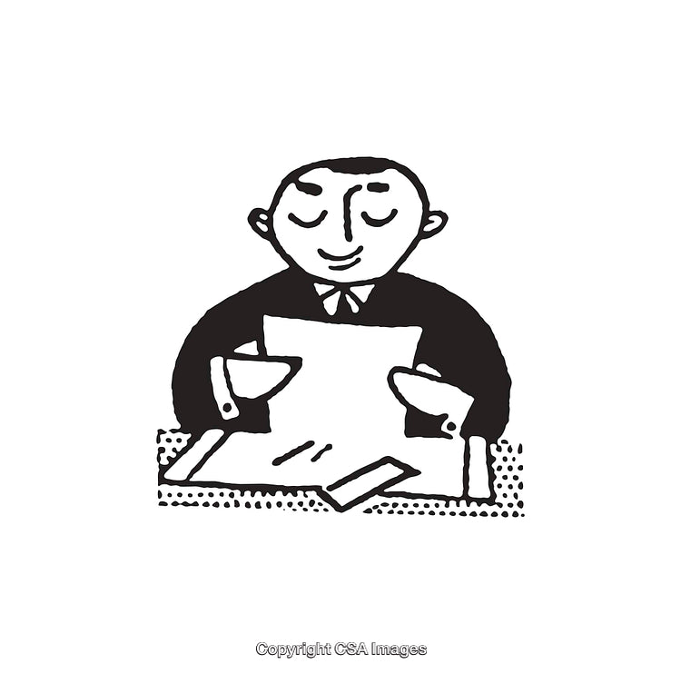 Line Art Illustration of a Businessman Reviewing Documents at His Desk