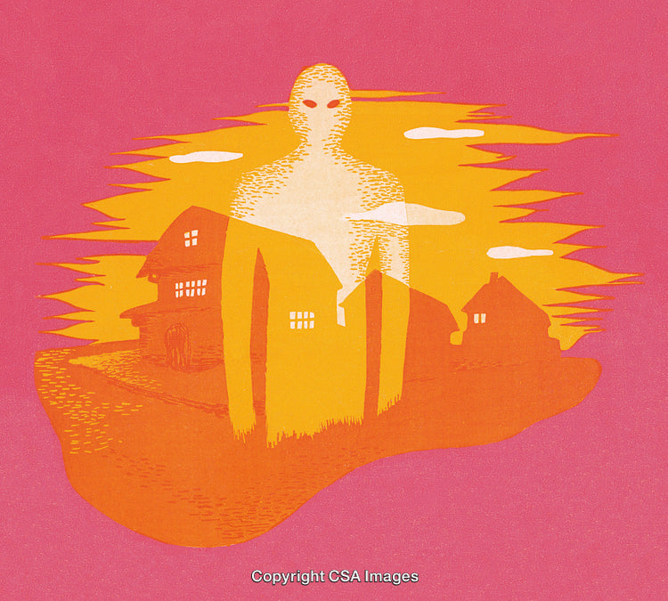 Surreal Illustration of a Ghostly Figure Overseeing a Village at Sunset