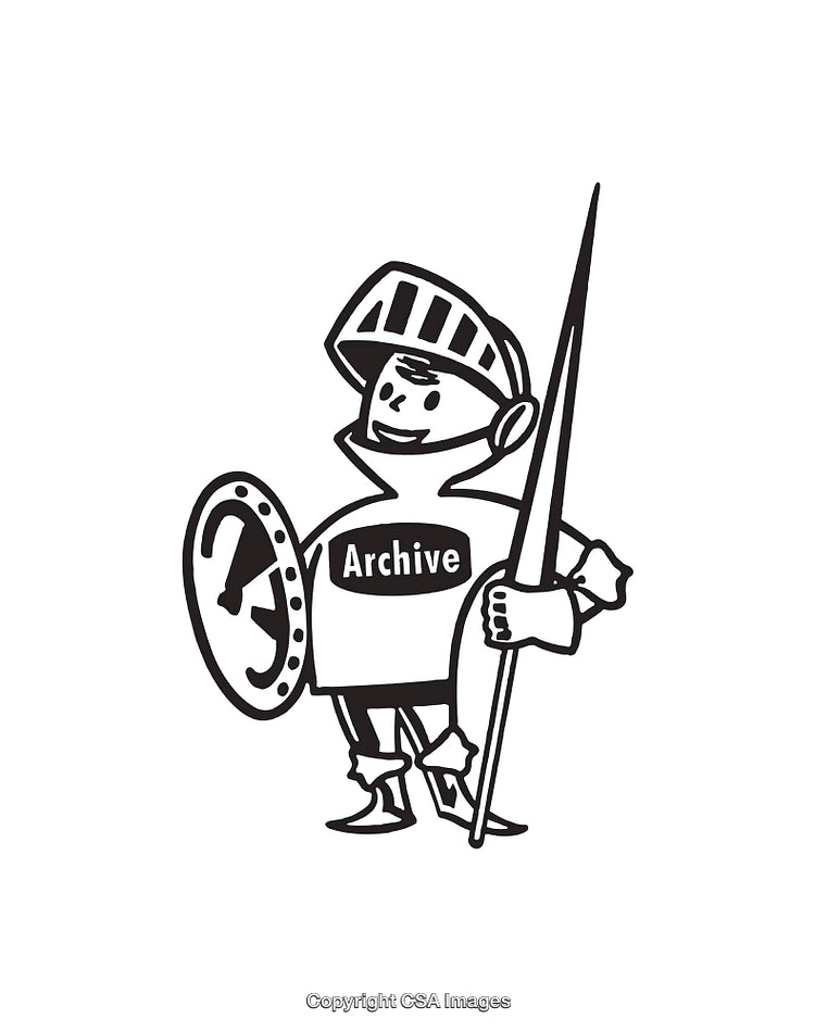 Black and White Illustration of a Cartoon Knight with a Shield and Spear