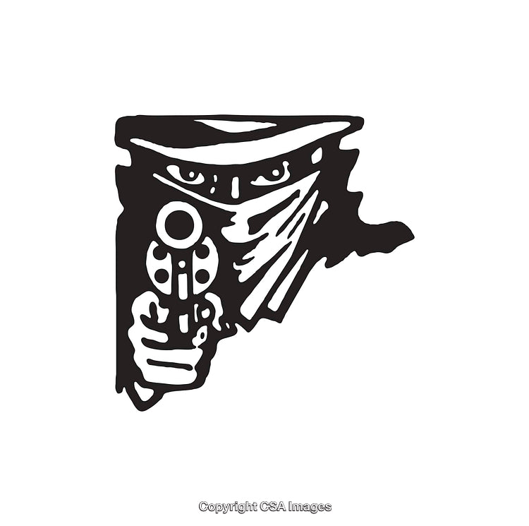 Black and White Line Art of a Masked Robber Holding a Firearm