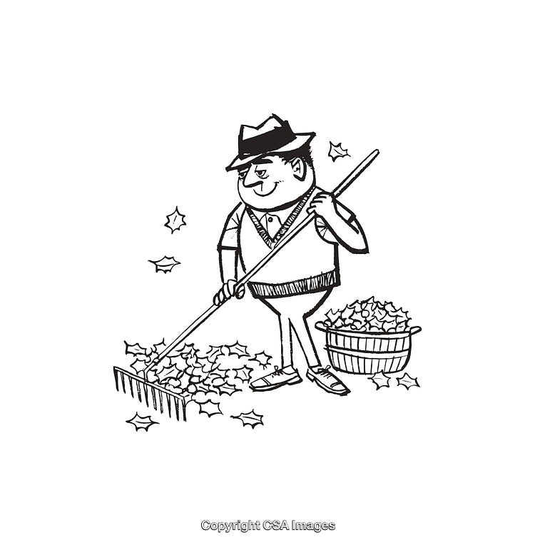 Man Raking Leaves in Line Art Illustration with Fall Elements