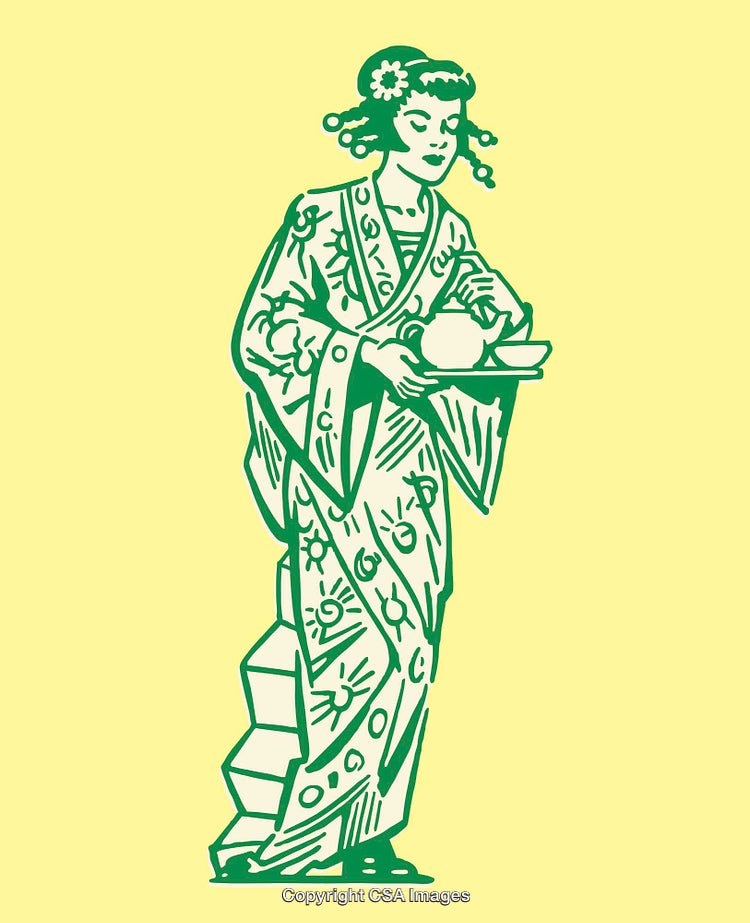 Traditional Style Line Art Illustration of Woman Holding Teapot and Cup