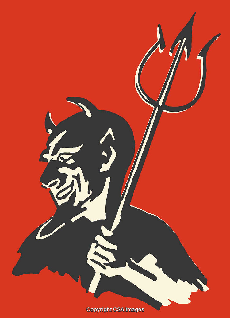 Stylized Devil Illustration Featuring Bold Red Background and Pitchfork
