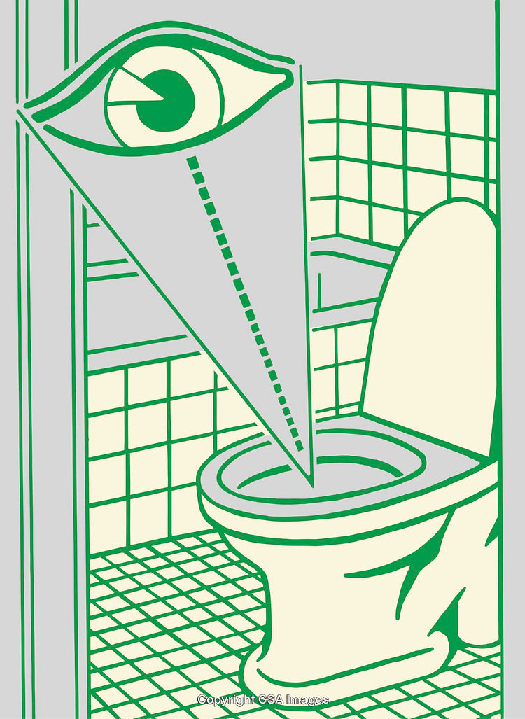 Abstract Line Art Illustration of Eye Observing a Toilet in Bathroom