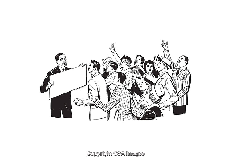Illustration of a Group Engaged with a Presenter Holding a Blank Sign