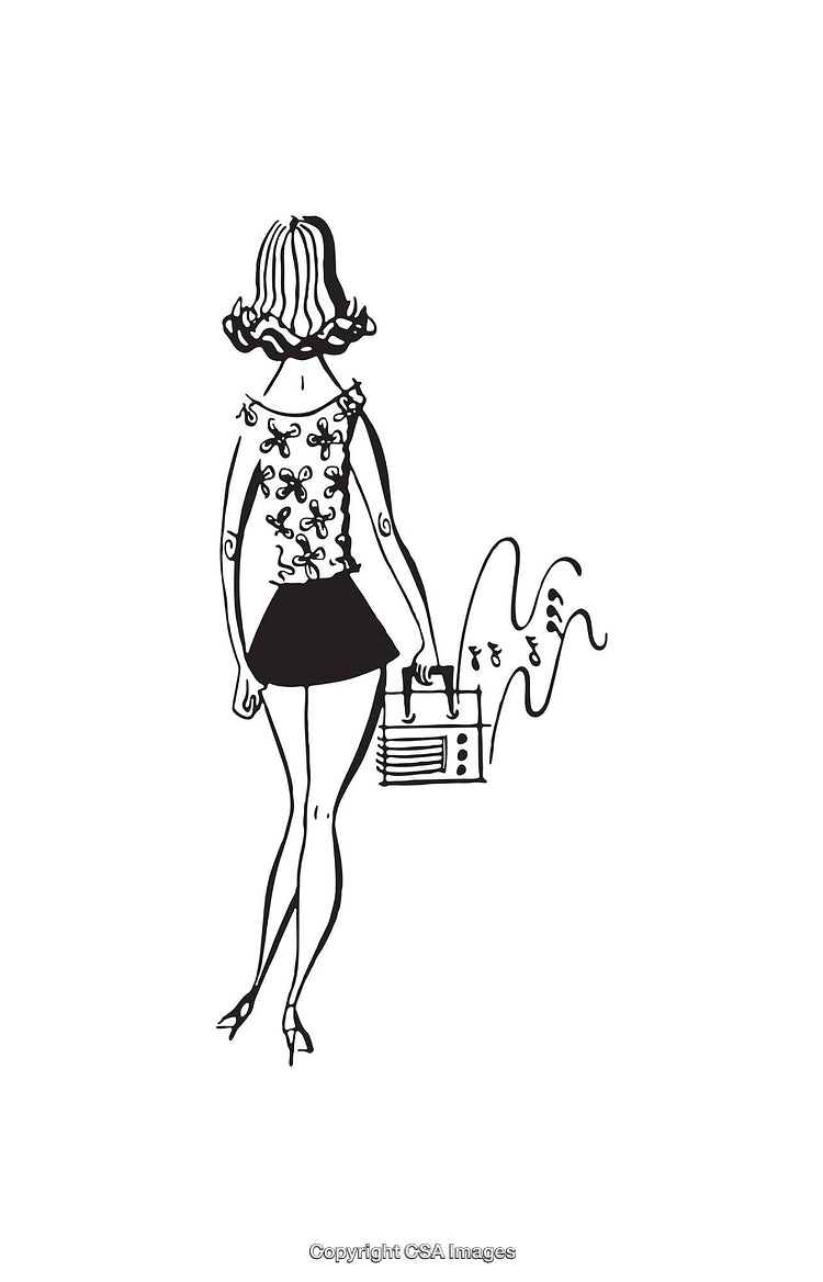 Black and White Line Art of Woman with Chic Style and Music Player