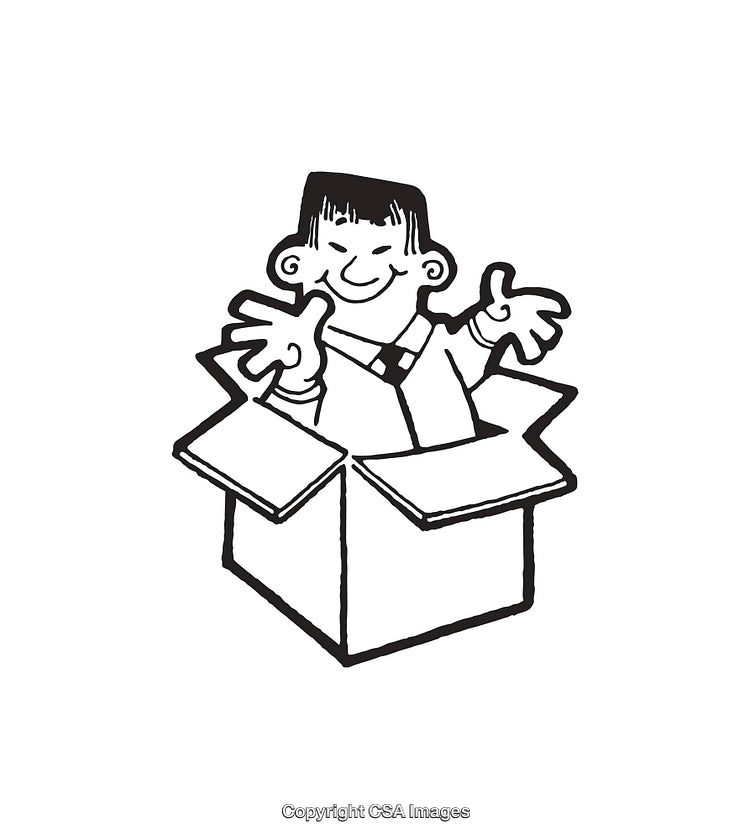 Whimsical Illustration of Cartoon Character Popping Out of a Box