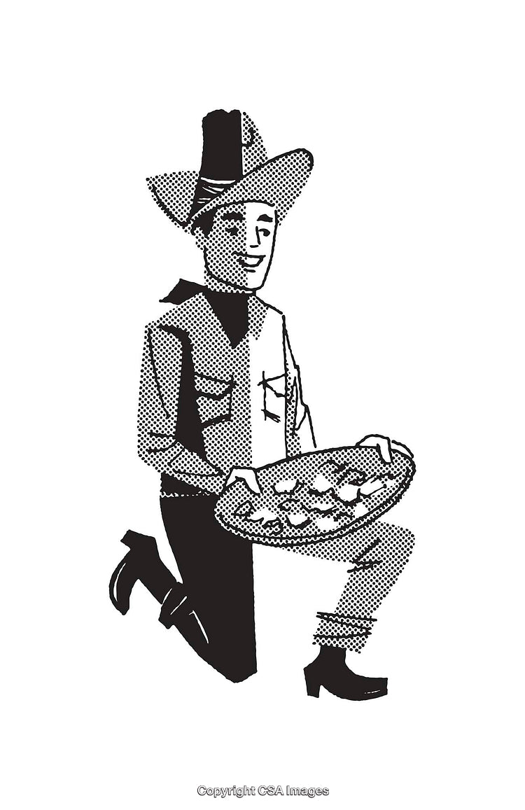 Vintage Illustration of a Cowboy Kneeling with a Pan of Gold Nuggets