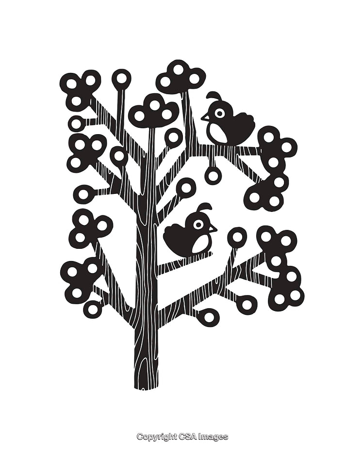 Black and White Illustrated Tree with Birds on Branches