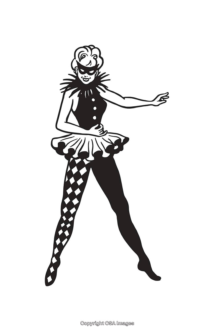 Black and White Illustration of Masked Performer in Fancy Costume