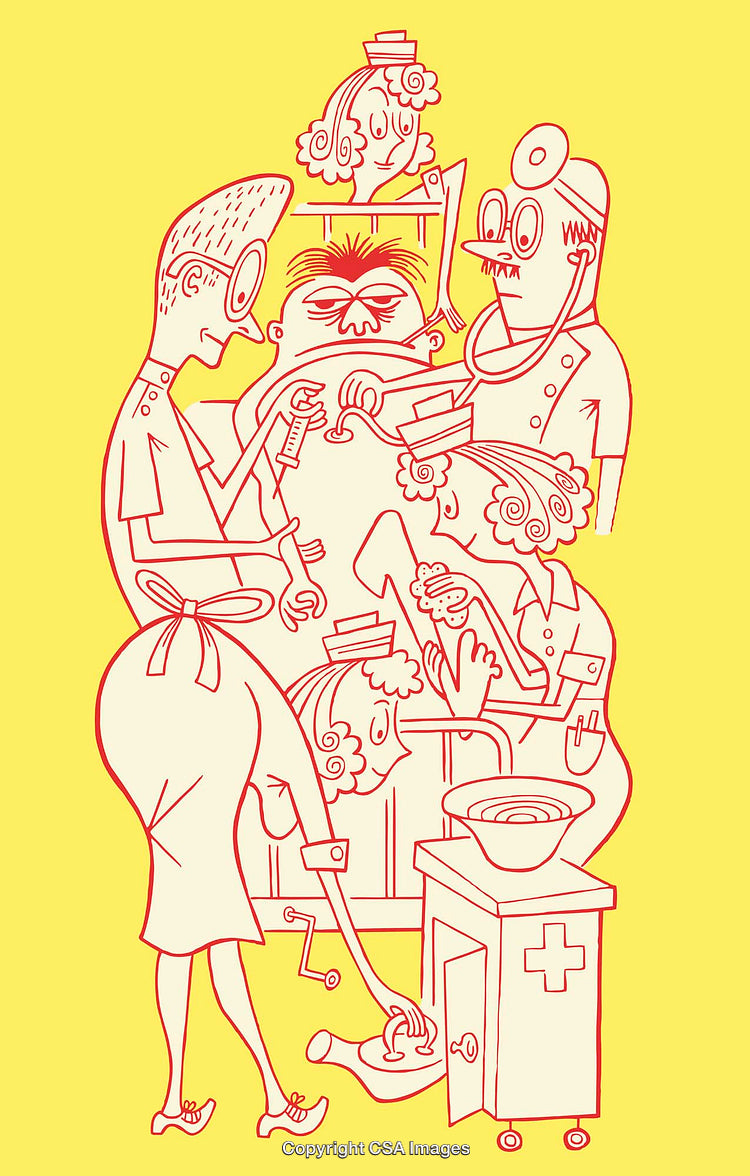 Humorous Line Art of Doctors in a Quirky Medical Scene