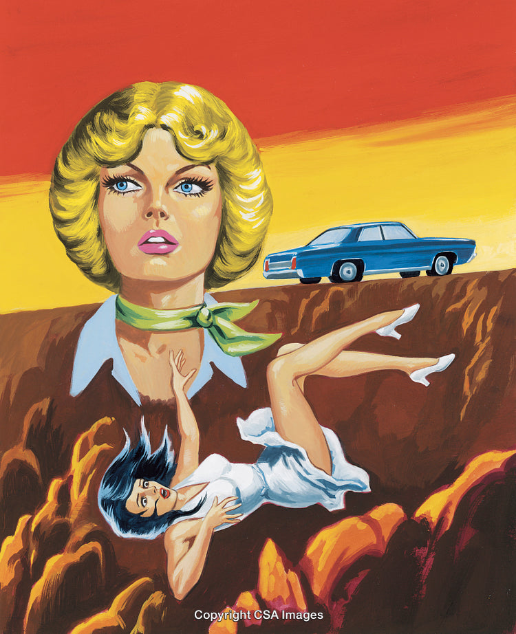 Retro Illustration of Woman, Vintage Car, and Dynamic Dramatic Scene