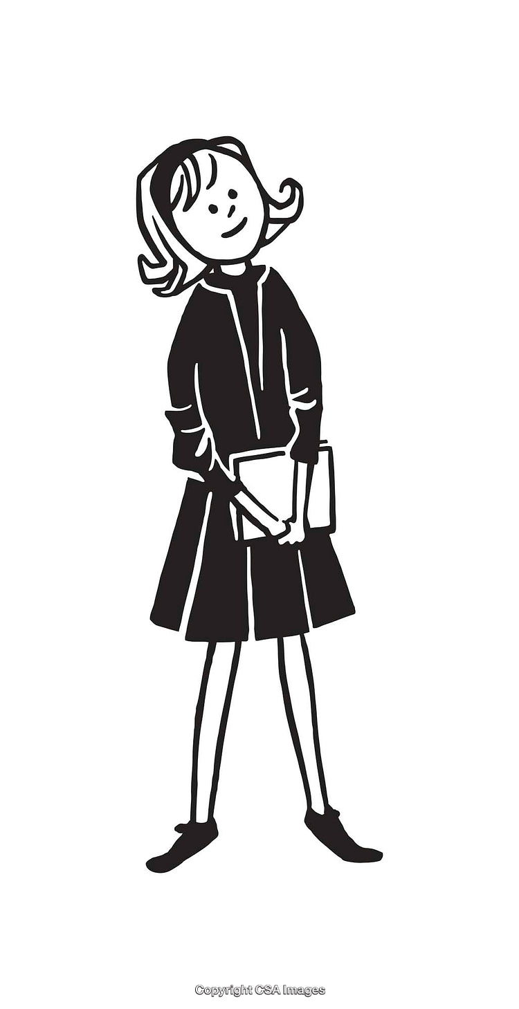 Black and White Illustration of a Young Girl Holding Books