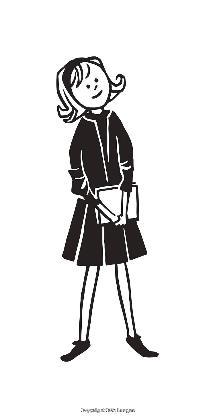Black and White Illustration of a Young Girl Holding Books