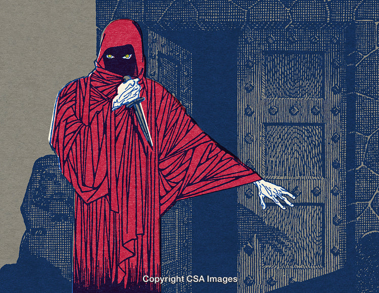 Mysterious Hooded Figure Holding Dagger in Dimly Lit Medieval Setting