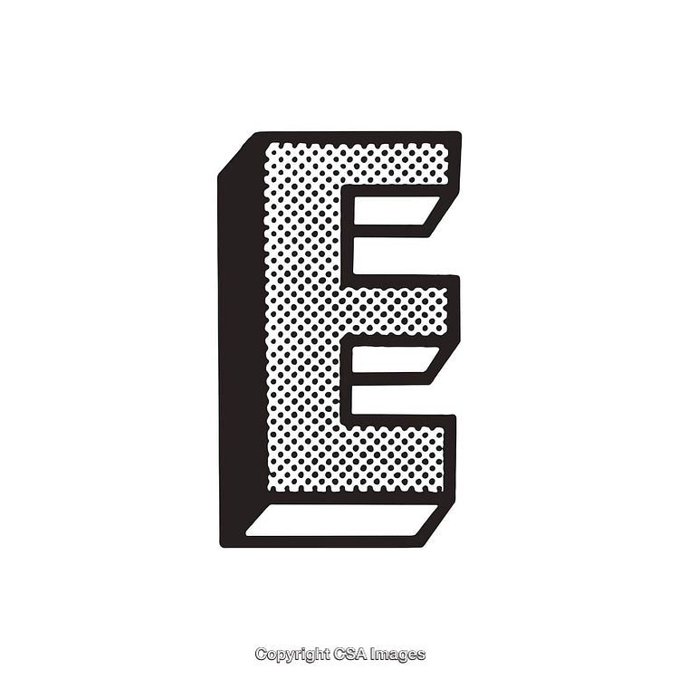 Bold Halftone Illustrated Letter E with 3D Geometric Effects