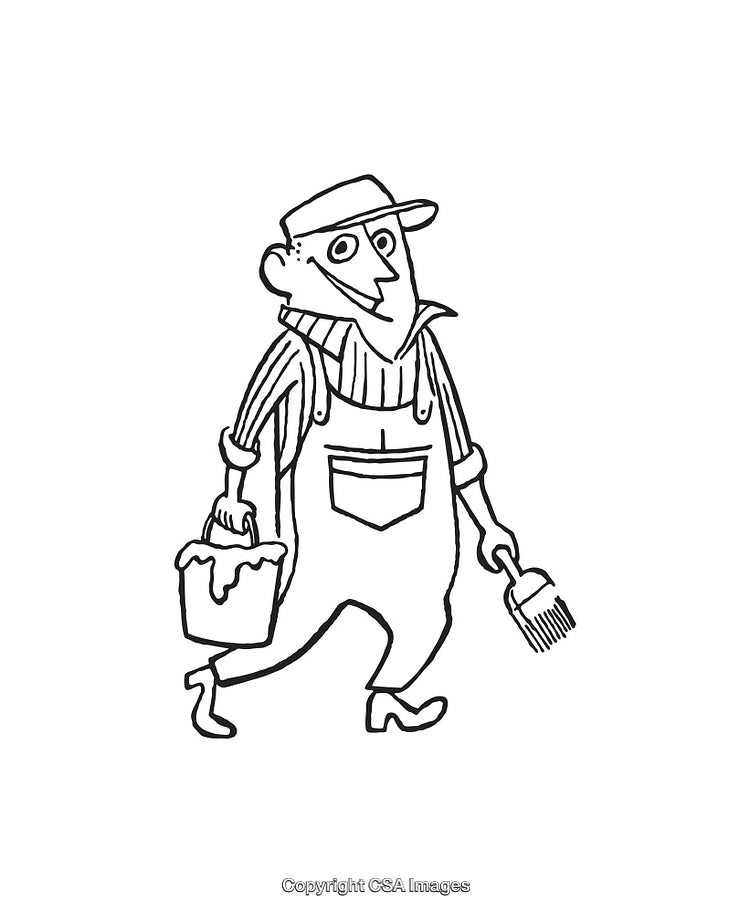Black And White Illustration of a Painter Carrying Tools