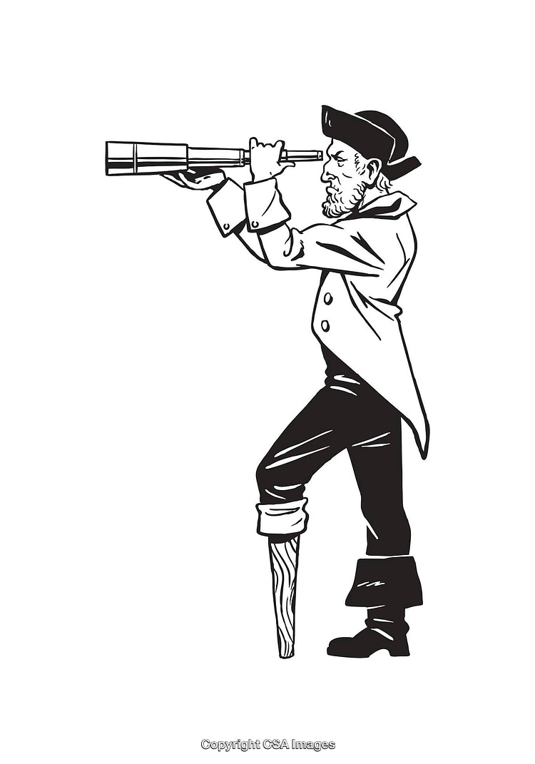 Black And White Illustration of a Pirate With Telescope