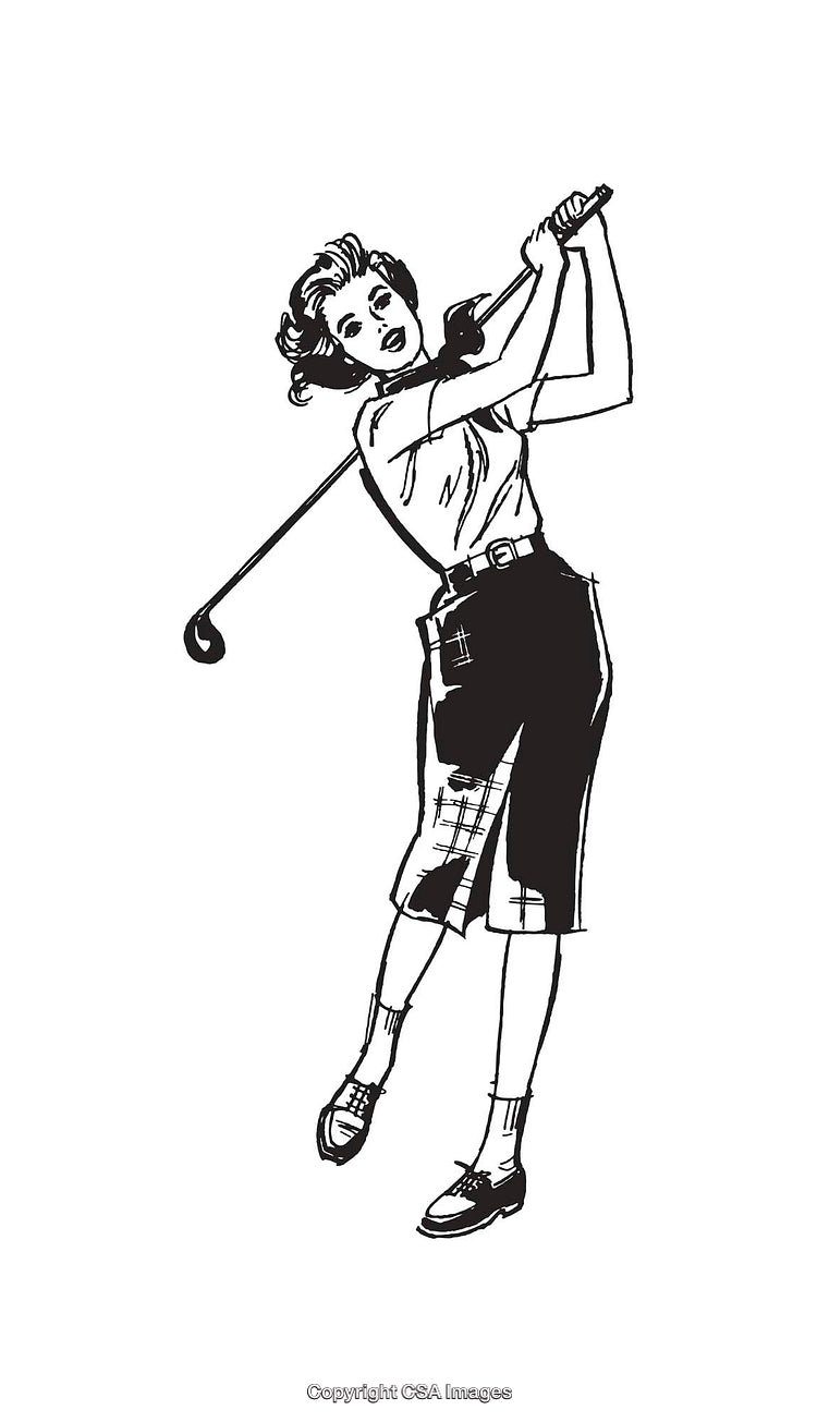 Black and White Illustration of Woman Playing Golf in a Stylish Outfit
