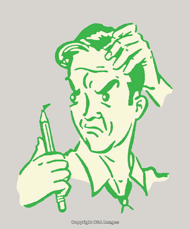 Vintage Green Line Art of a Man Examining a Pen Thoughtfully