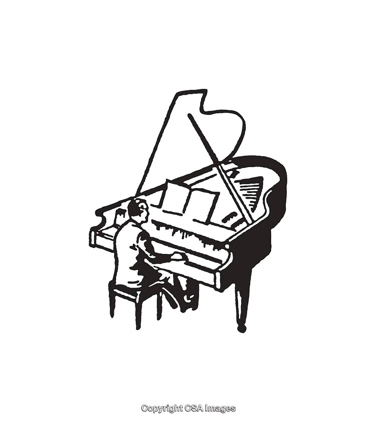 Black and White Illustration of a Musician Playing a Grand Piano