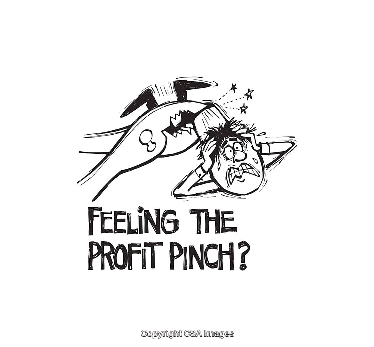 Black and White Cartoon of Financial Stress with Pinch Visual Analogy