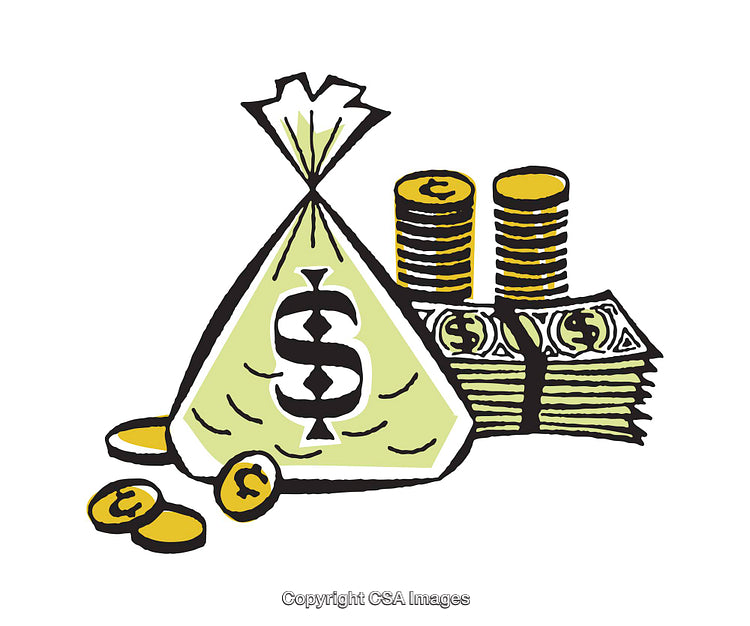 Colorful Illustration of Money, Coin Stacks, and a Dollar Sack