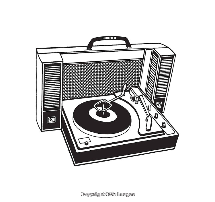 Vintage Record Player Illustrated in Retro Black and White Line Art Style