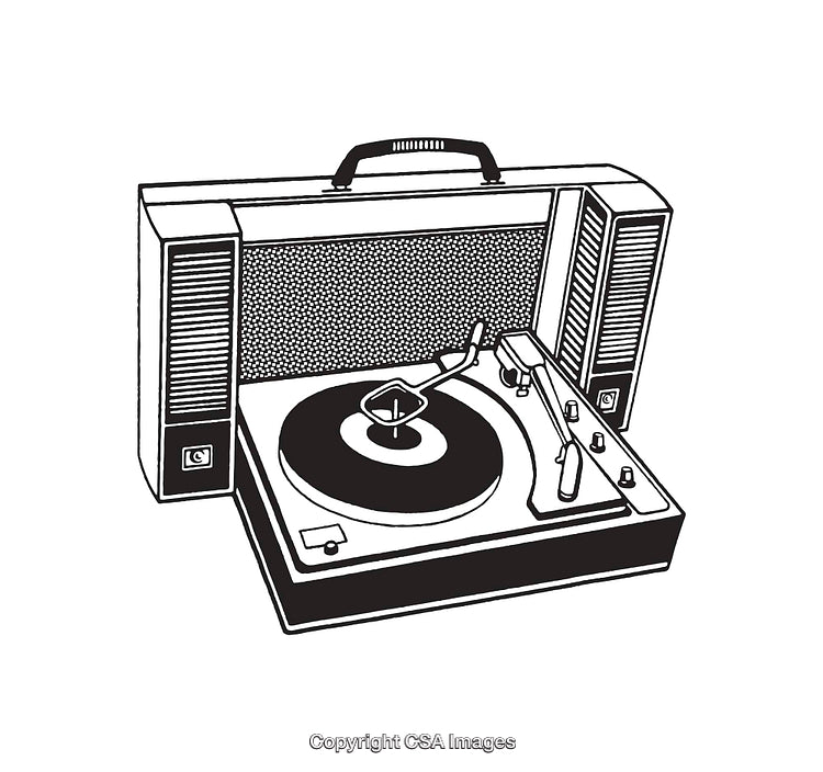Vintage Record Player Illustrated in Retro Black and White Line Art Style
