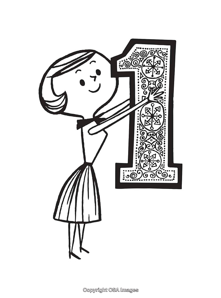 Whimsical Line Art of a Girl Hugging a Decorative Number One