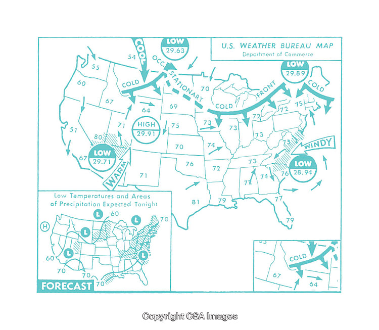 United States Weather Forecast Map Showing Temperatures and Pressure Zones