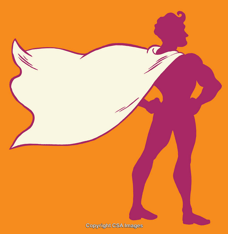 Silhouette of a Heroic Figure in a Flowing Cape on Orange Background
