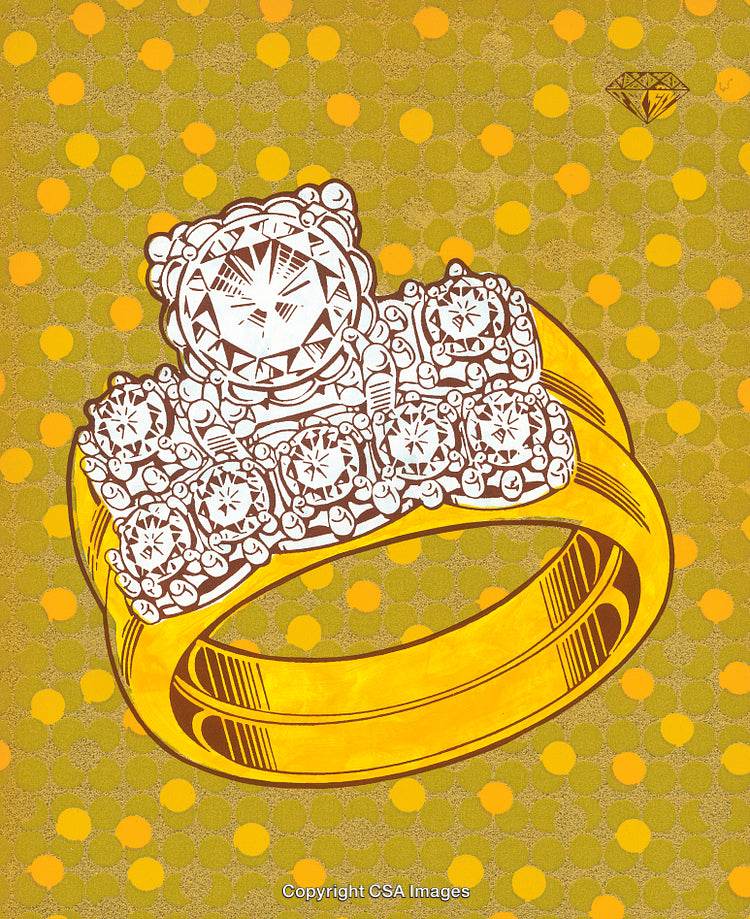 Vintage Style Golden Ring Illustration with Diamond Pattern Background