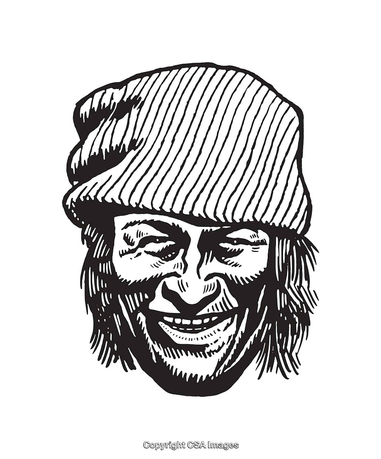 Black and White Line Art of a Smiling Man in a Knit Hat