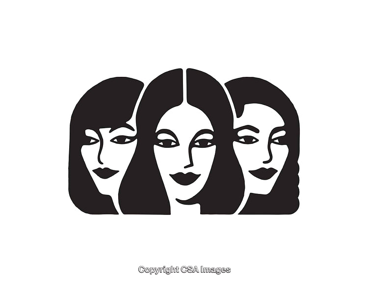 Black and White Line Art of Three Female Faces With Stylized Features