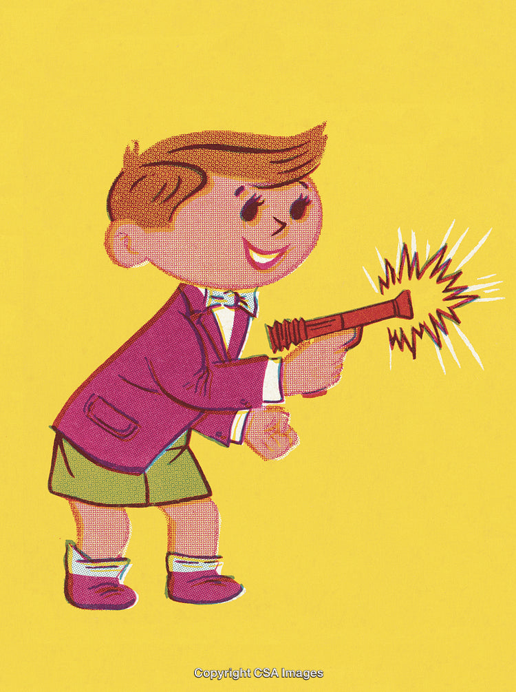 Vintage Artwork of Smiling Boy With Toy Pistol on Yellow Background