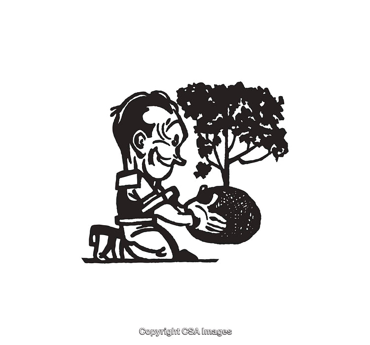 Black and White Illustration of a Character Planting a Tree