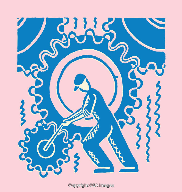Dynamic Line Art Illustration of Worker Gearing Machinery on Pastel Background