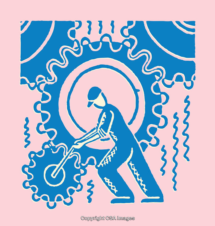 Dynamic Line Art Illustration of Worker Gearing Machinery on Pastel Background