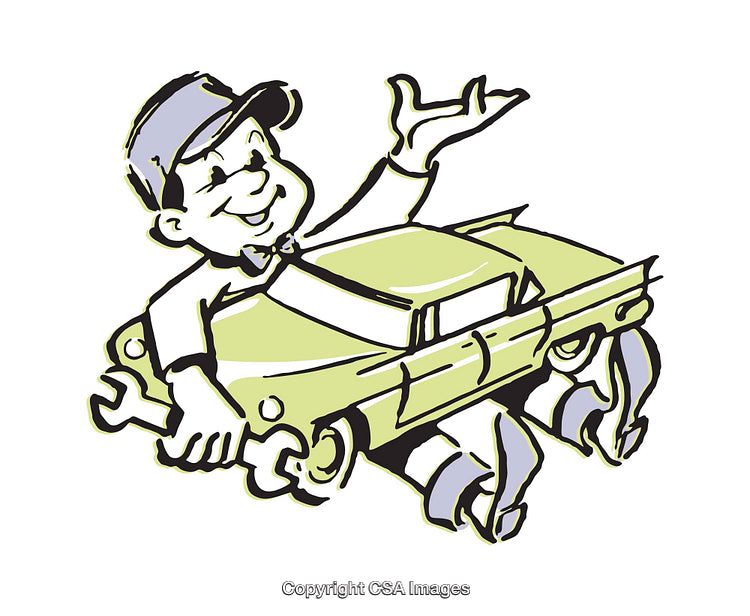 Cartoon Car Mechanic with Tools and Comical Vehicle Design